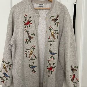 Bon Worth Vintage Cardigan Sweater Womens Oatmeal embroidered Birds oversized